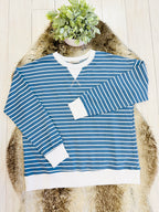 Women’s Zenana Dusty Blue Striped Long Sleeve Top with White Trim- True to Size