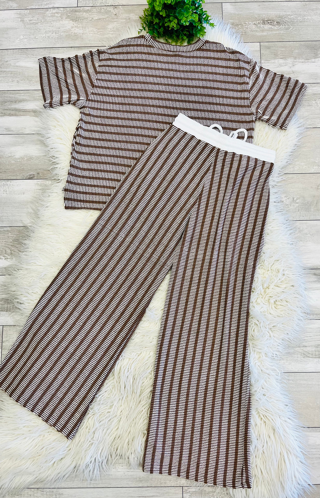 Women’s Zenana Brown Ribbed Drop - Shoulder Two Piece Set
