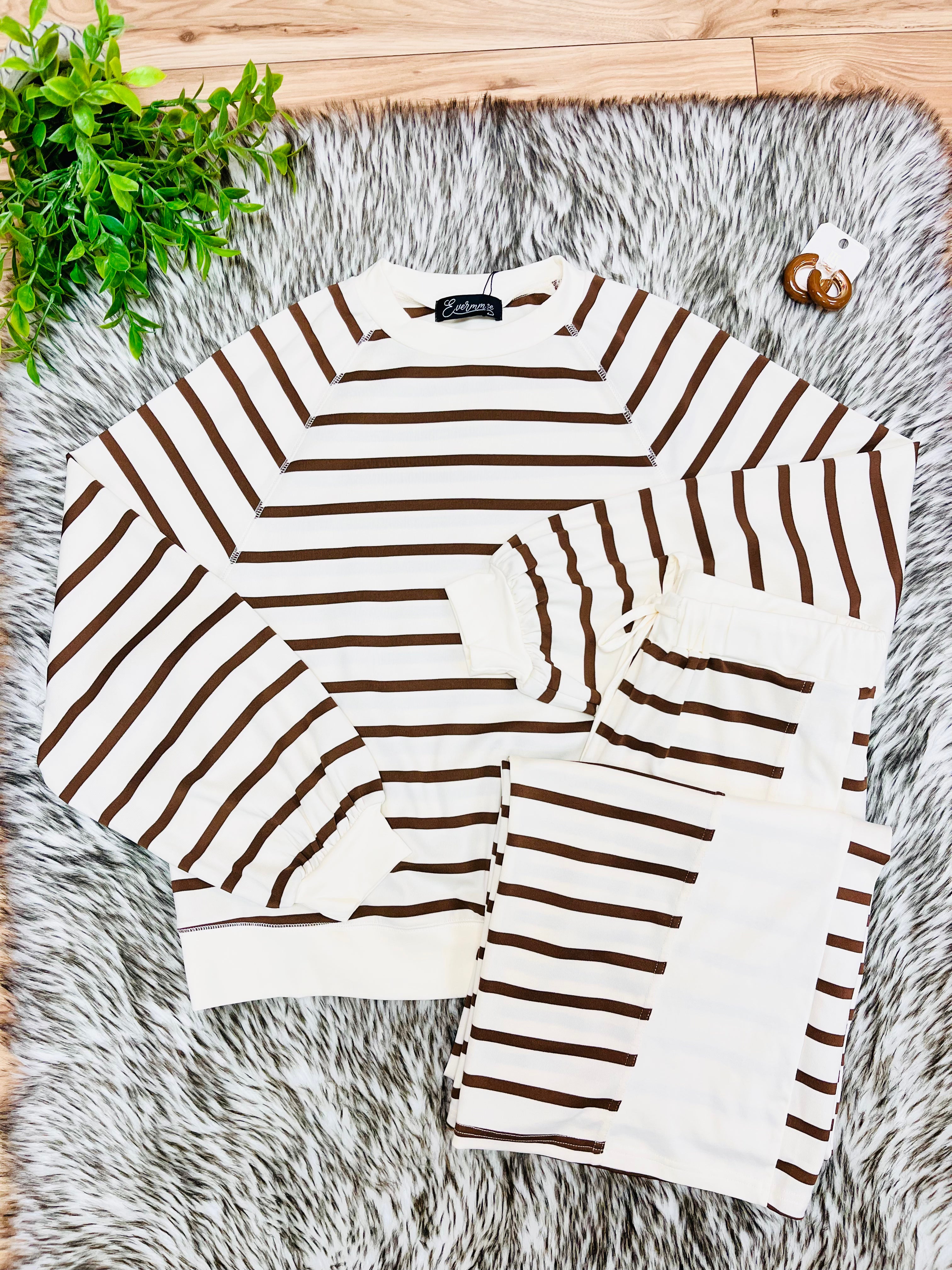 Women’s Evermmee Brown Stripe Long Sleeve Pant Set- True to Size
