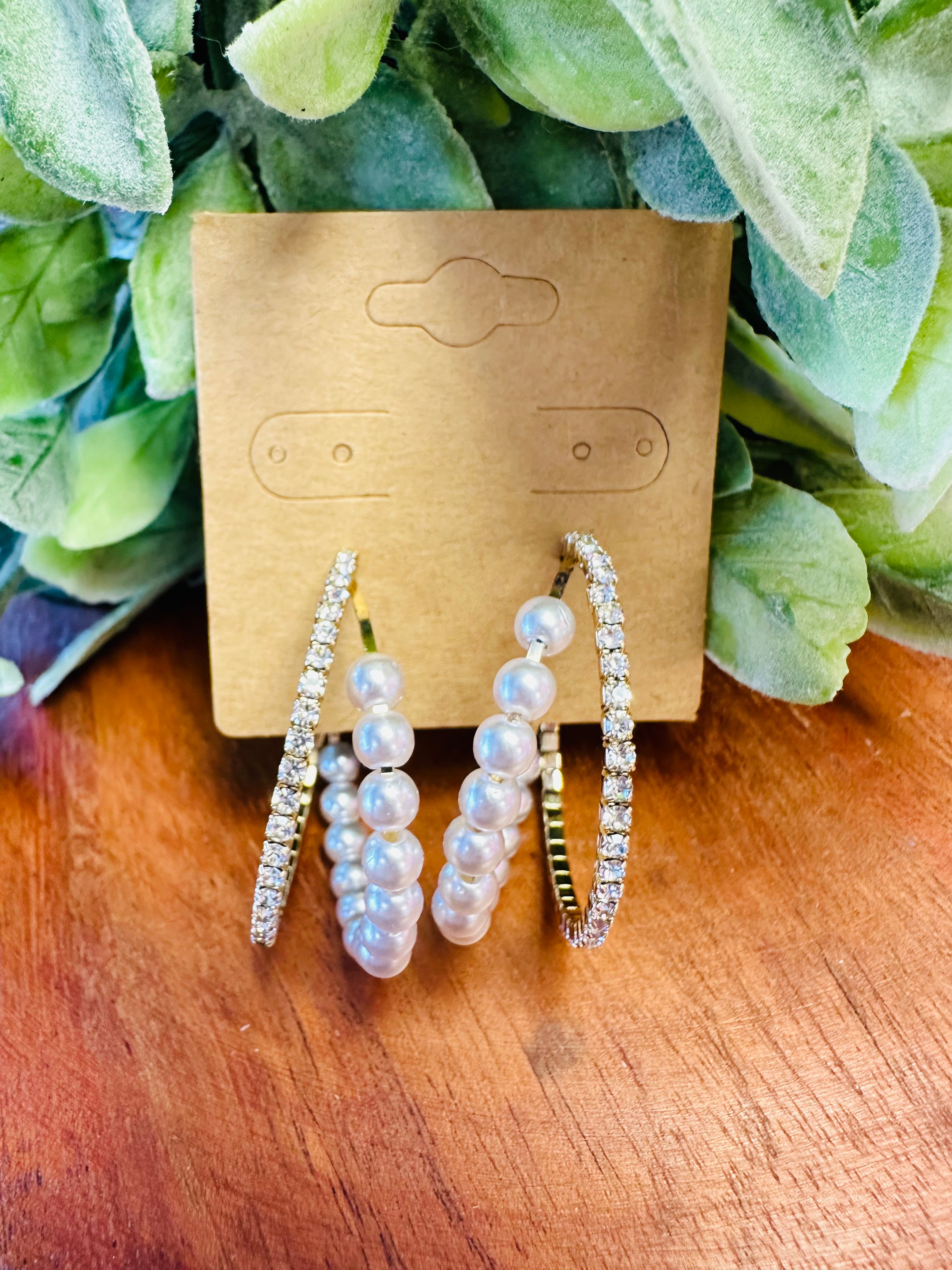 Gold Pearl & Diamond Hoops