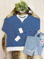 Women’s Zenana Royal Blue Striped Long Sleeve Top with White Trim- True to Size