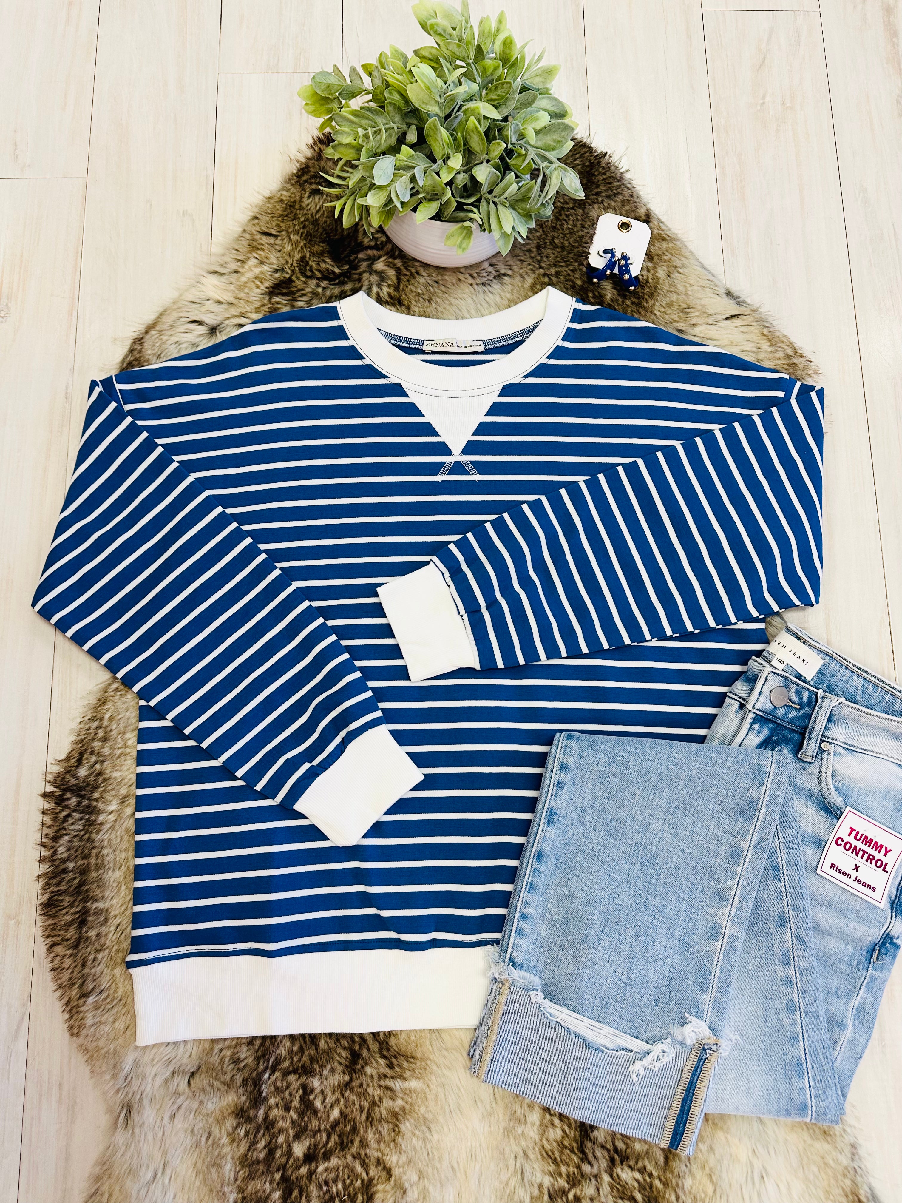 Women’s Zenana Royal Blue Striped Long Sleeve Top with White Trim- True to Size