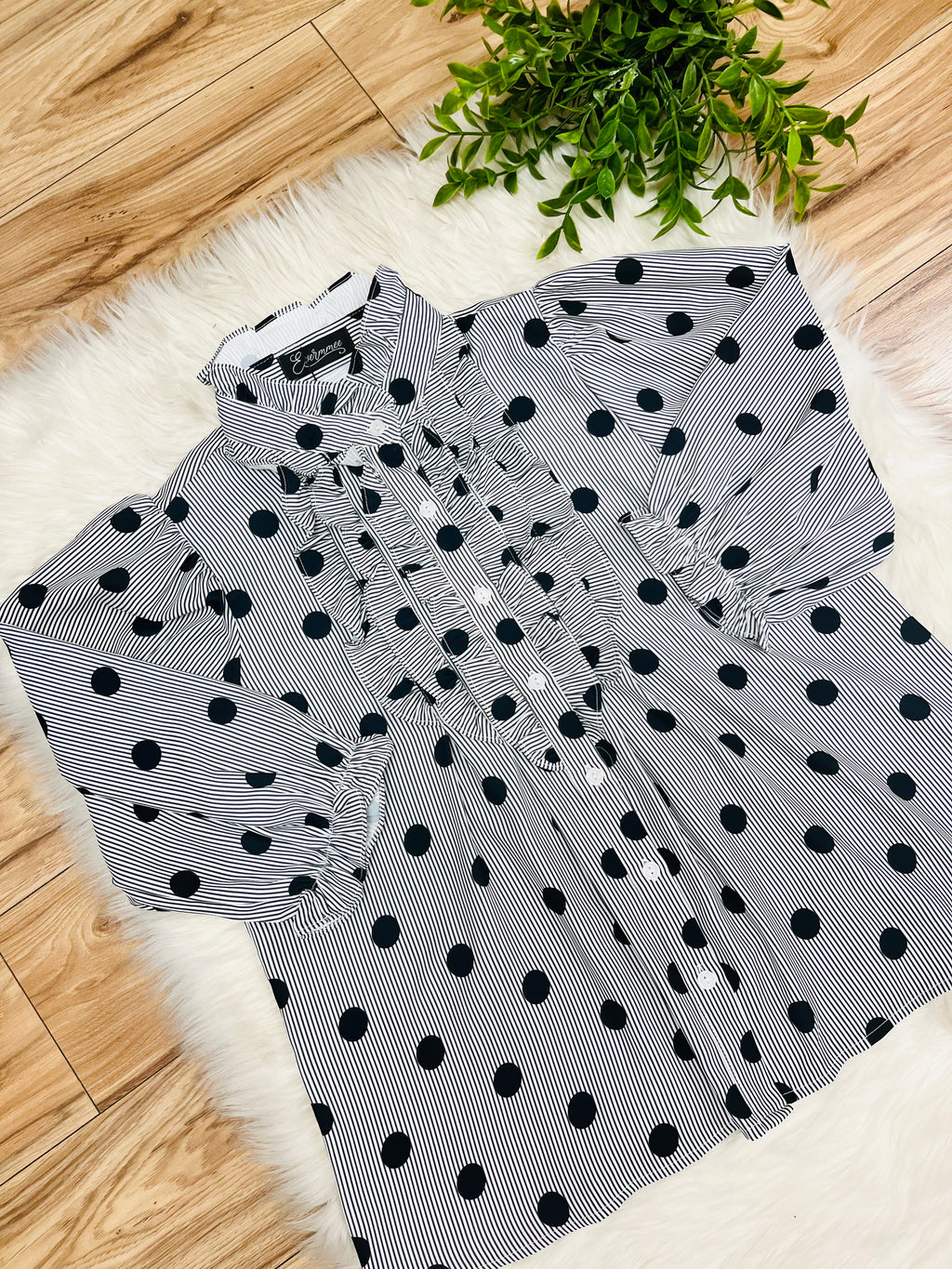 Women’s Evermmee White Ruffle Button Down Top with Black Stripes and Polka Dots- True to Size
