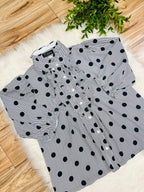 Women’s Evermmee White Ruffle Button Down Top with Black Stripes and Polka Dots- True to Size