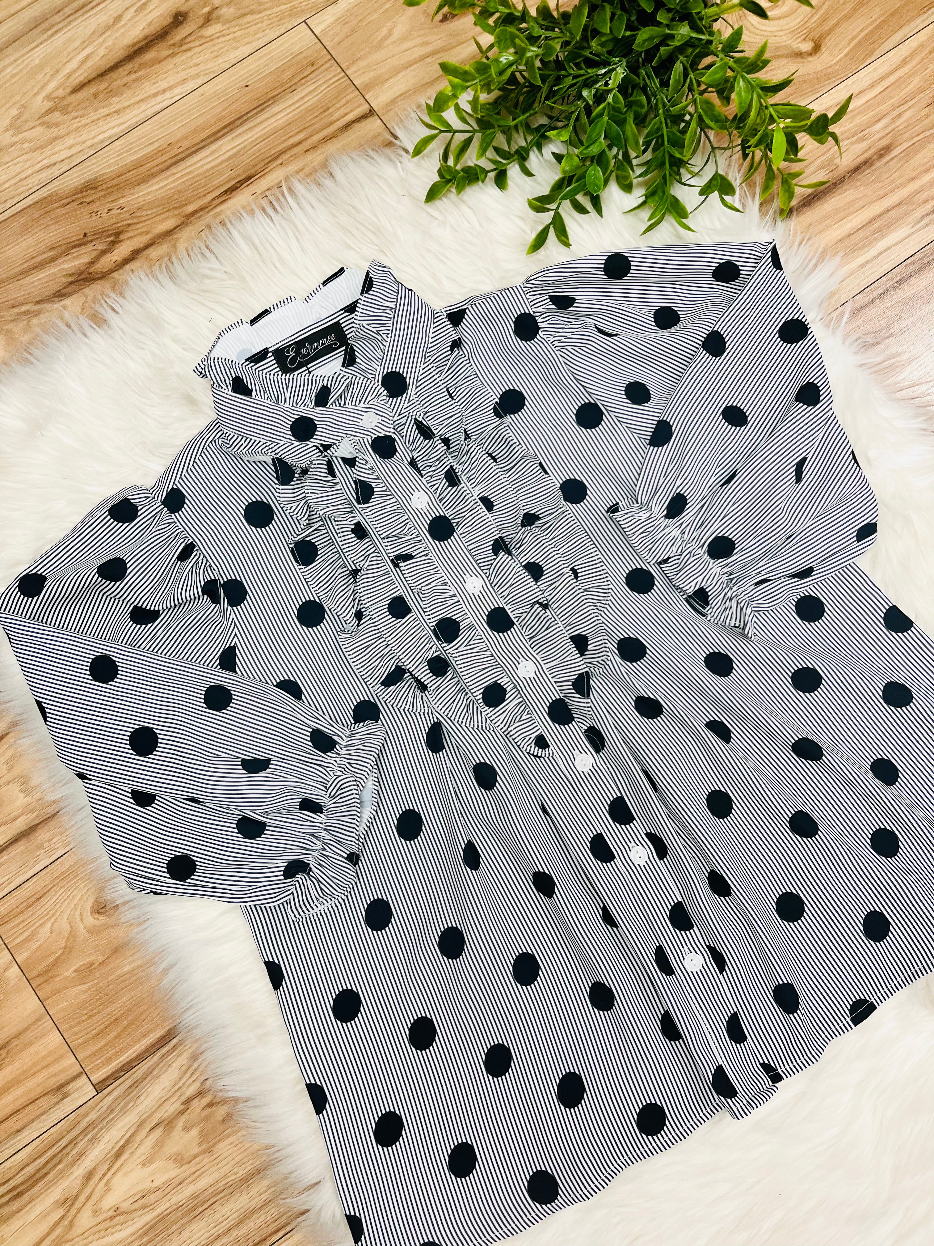 Women’s Evermmee White Ruffle Button Down Top with Black Stripes and Polka Dots- True to Size