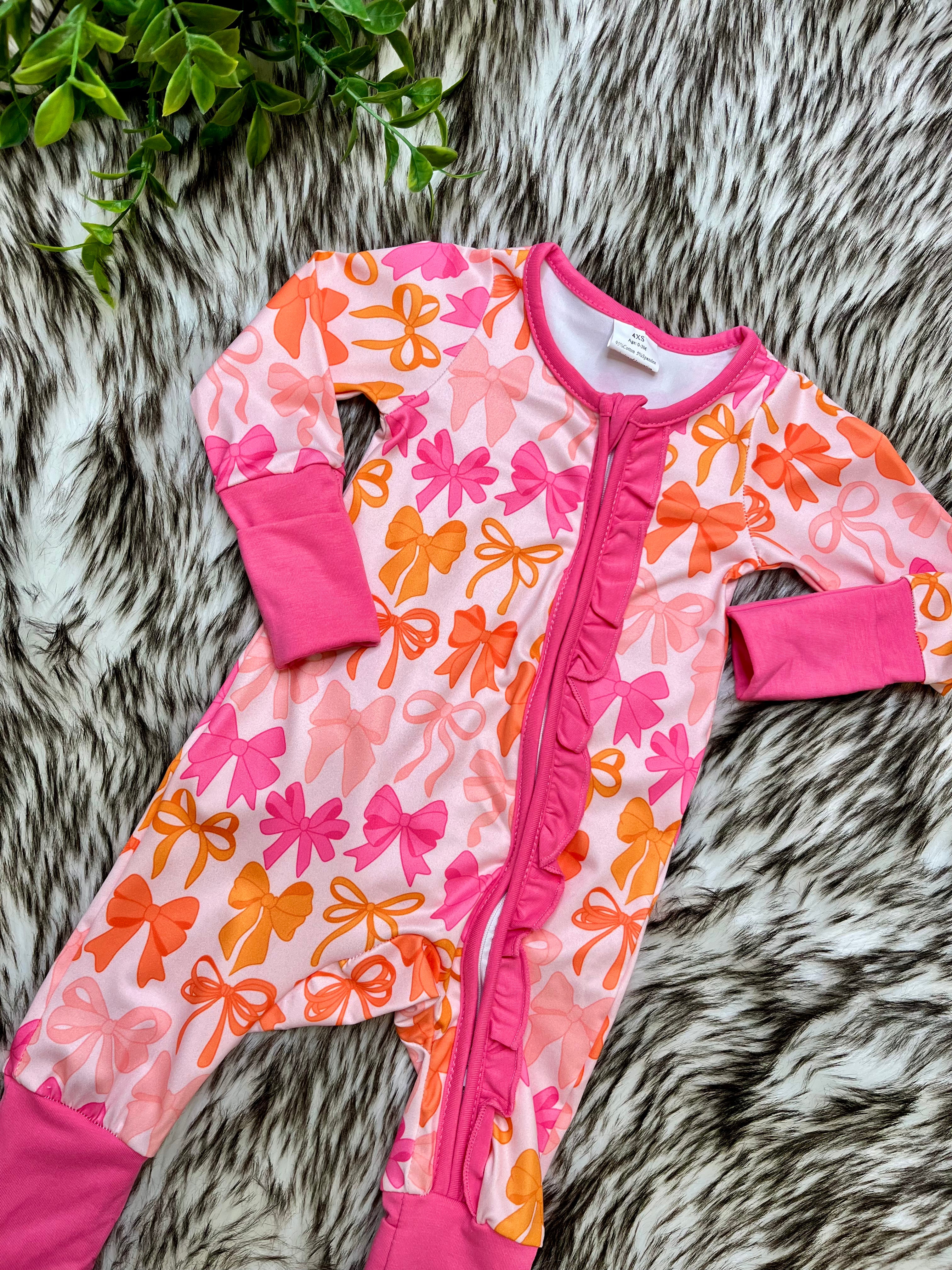 Girl’s Bright Orange and Pink Bow Zipper Sleeper