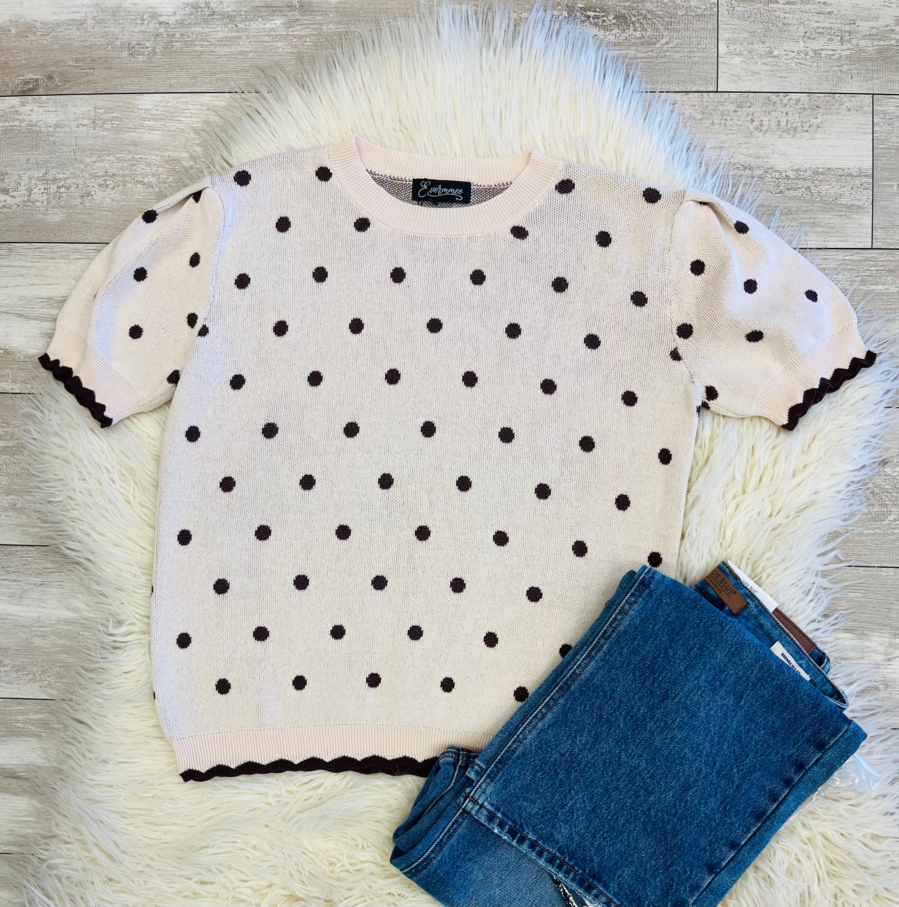 Women’s Evermmee Brown Polka Dot Short Sleeve Sweater Top