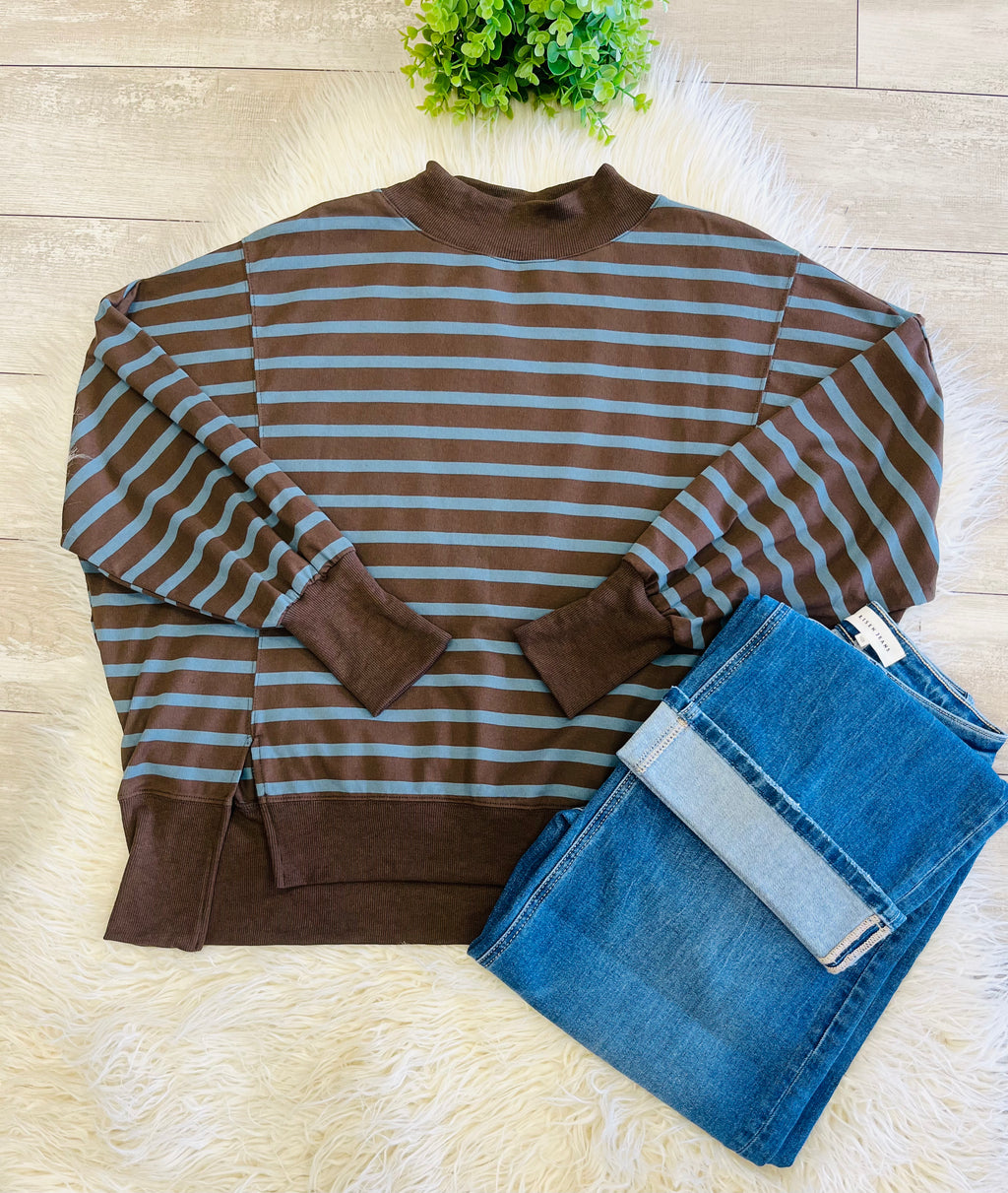 Women’s Blue/Brown Striped Mock Neck Long Sleeve - Oversized fit