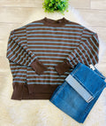 Women’s Blue/Brown Striped Mock Neck Long Sleeve - Oversized fit