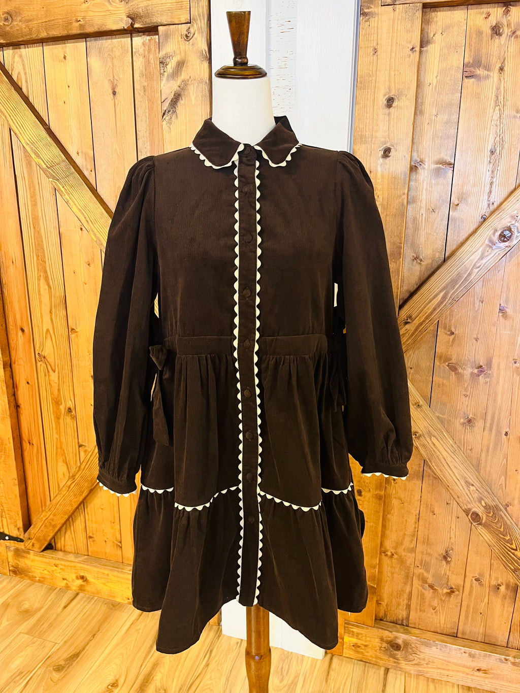 Women’s Jodifl Brown Button Down Long Sleeve Corduroy Dress with Scalloped Trim- True to Size