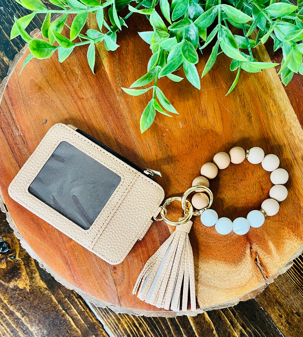 Wristlet ID Badge Zipper Pouch Keychain Beige