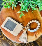 Wristlet ID Badge Zipper Pouch Keychain Beige