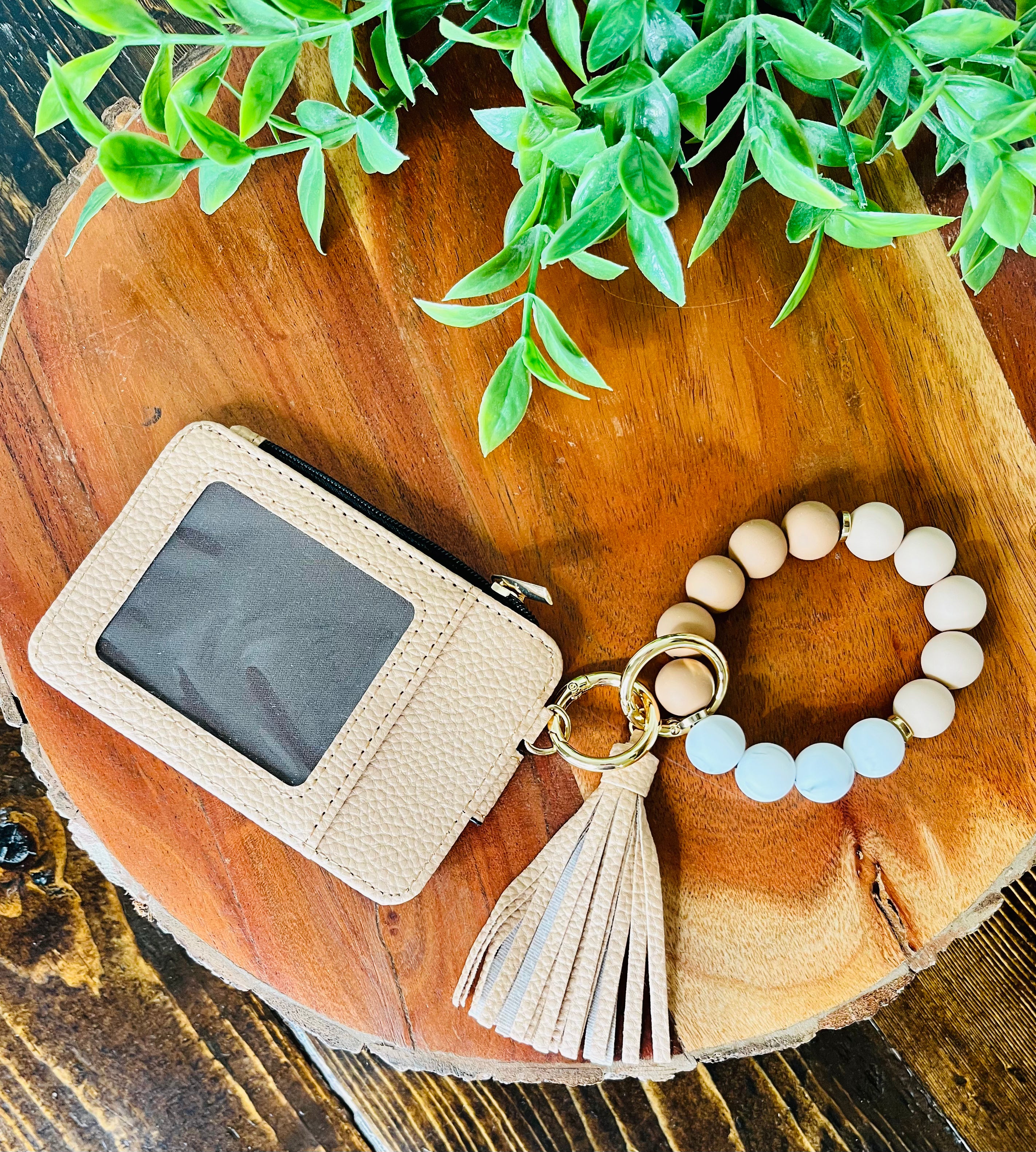 Wristlet ID Badge Zipper Pouch Keychain Beige