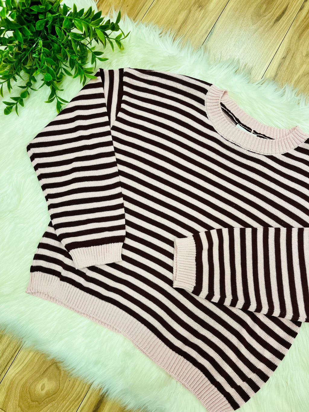 Women’s Stripe Light Pink & Burgundy Relaxed Sweater Top by Blu Pepper- Loose Fit