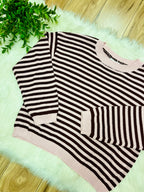 Women’s Stripe Light Pink & Burgundy Relaxed Sweater Top by Blu Pepper- Loose Fit
