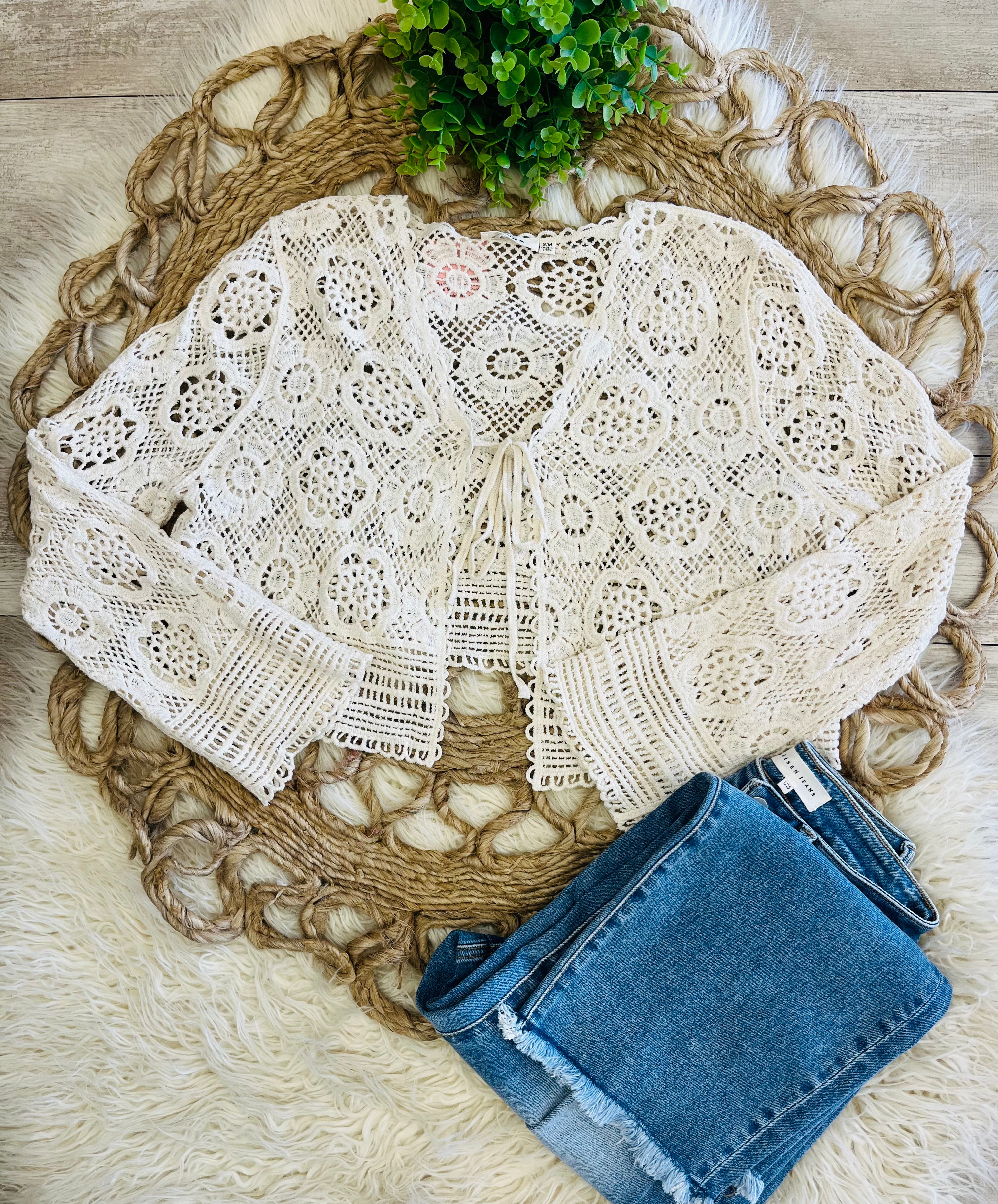 Women’s Crochet Open Front Cardigan in Color Natural - True to Size