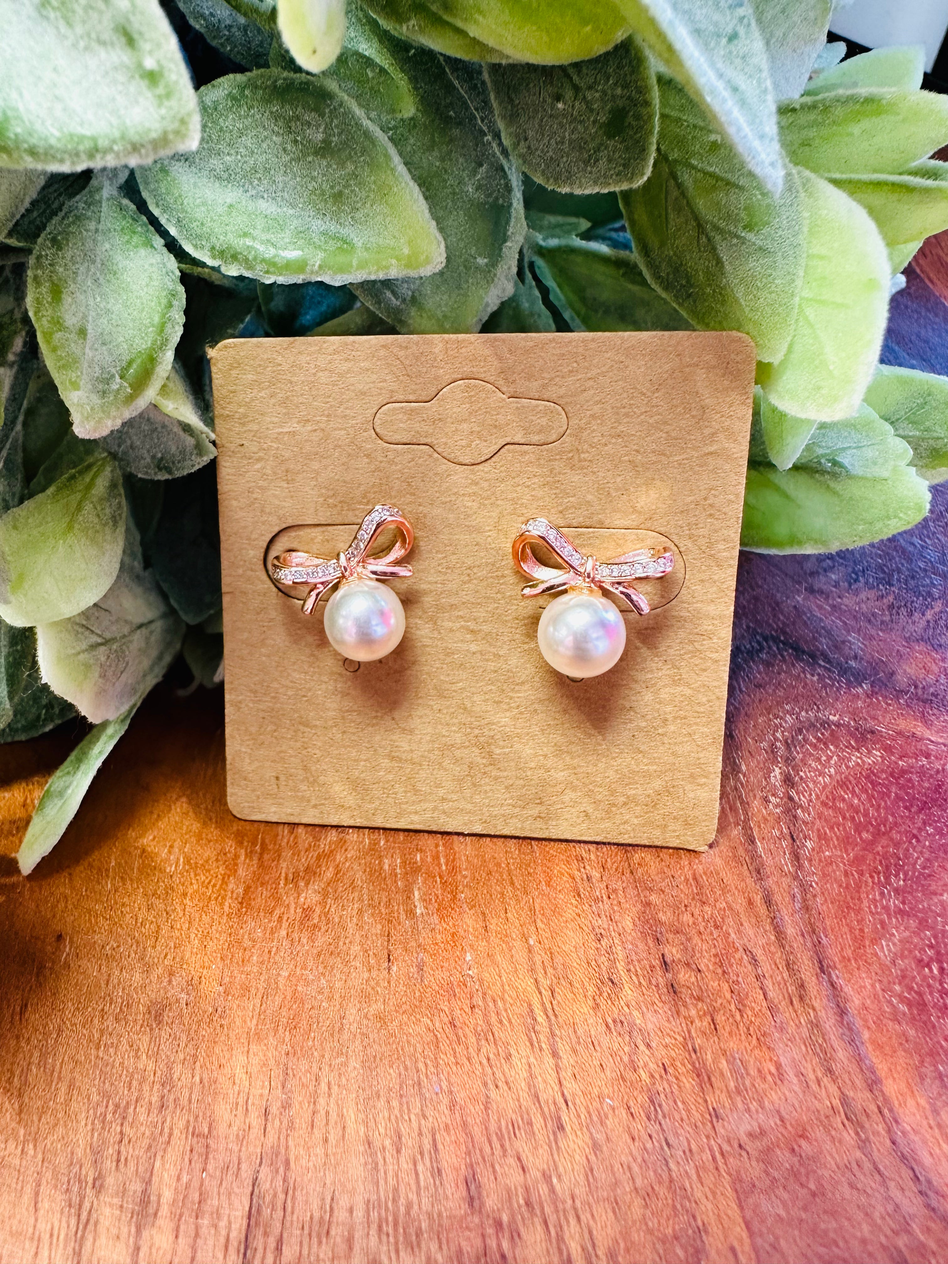 Rose Gold Bow & Pearl Earrings
