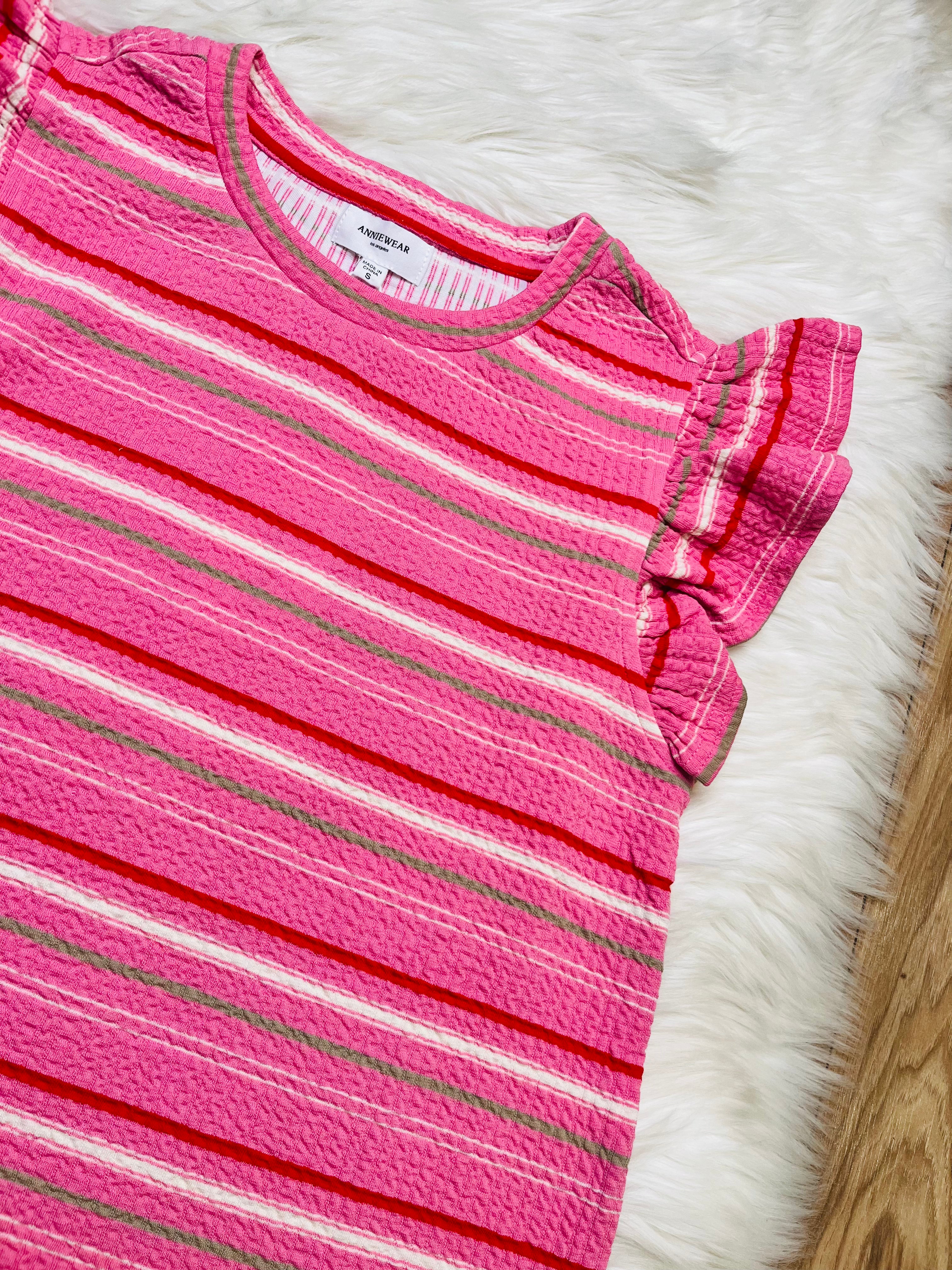 Women’s Multi Stripe Ruffle Sleeve Textured Top