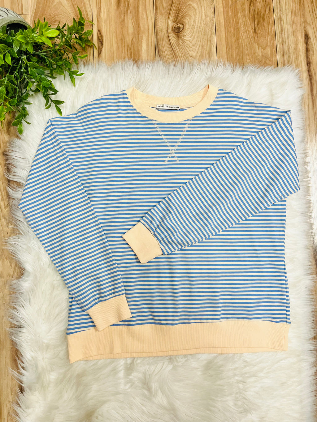 Women’s Zenana Light Blue and Yellow Stripe Long Sleeve Top