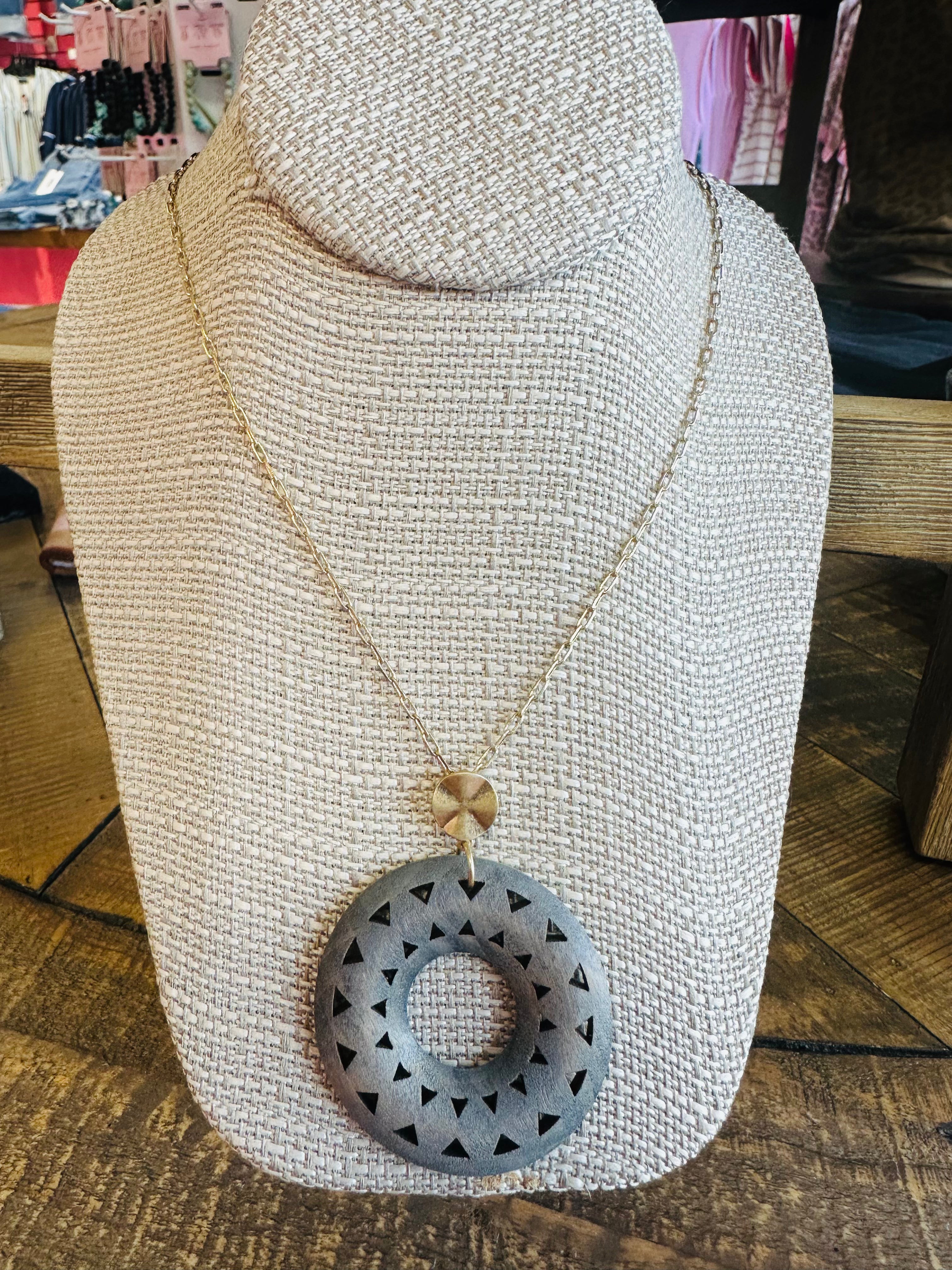 Women’s Gold and Grey Wooden Pendant Necklace