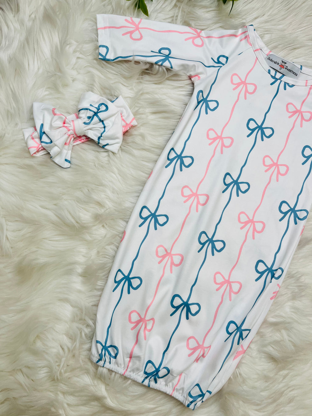 Girl’s Blue and Pink Bow Baby Gown with headband