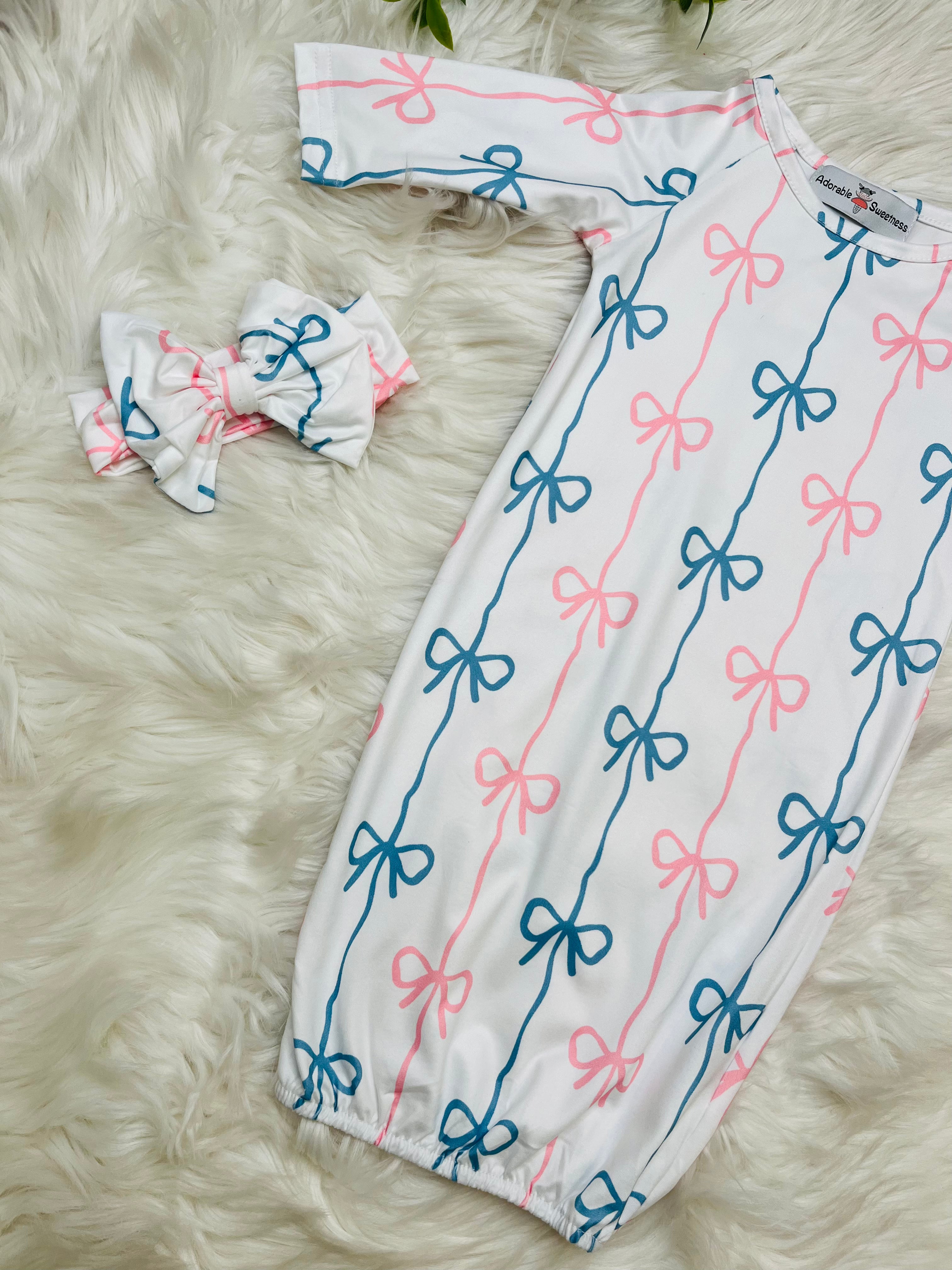 Girl’s Blue and Pink Bow Baby Gown with headband