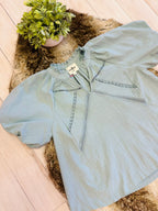 Women’s Umgee Mint Blue Puff Sleeve Top with Lace Detail- Loose Fit