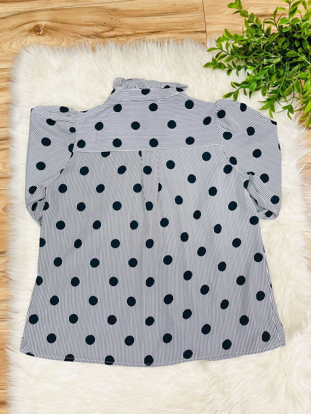 Women’s Evermmee White Ruffle Button Down Top with Black Stripes and Polka Dots- True to Size