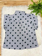 Women’s Evermmee White Ruffle Button Down Top with Black Stripes and Polka Dots- True to Size