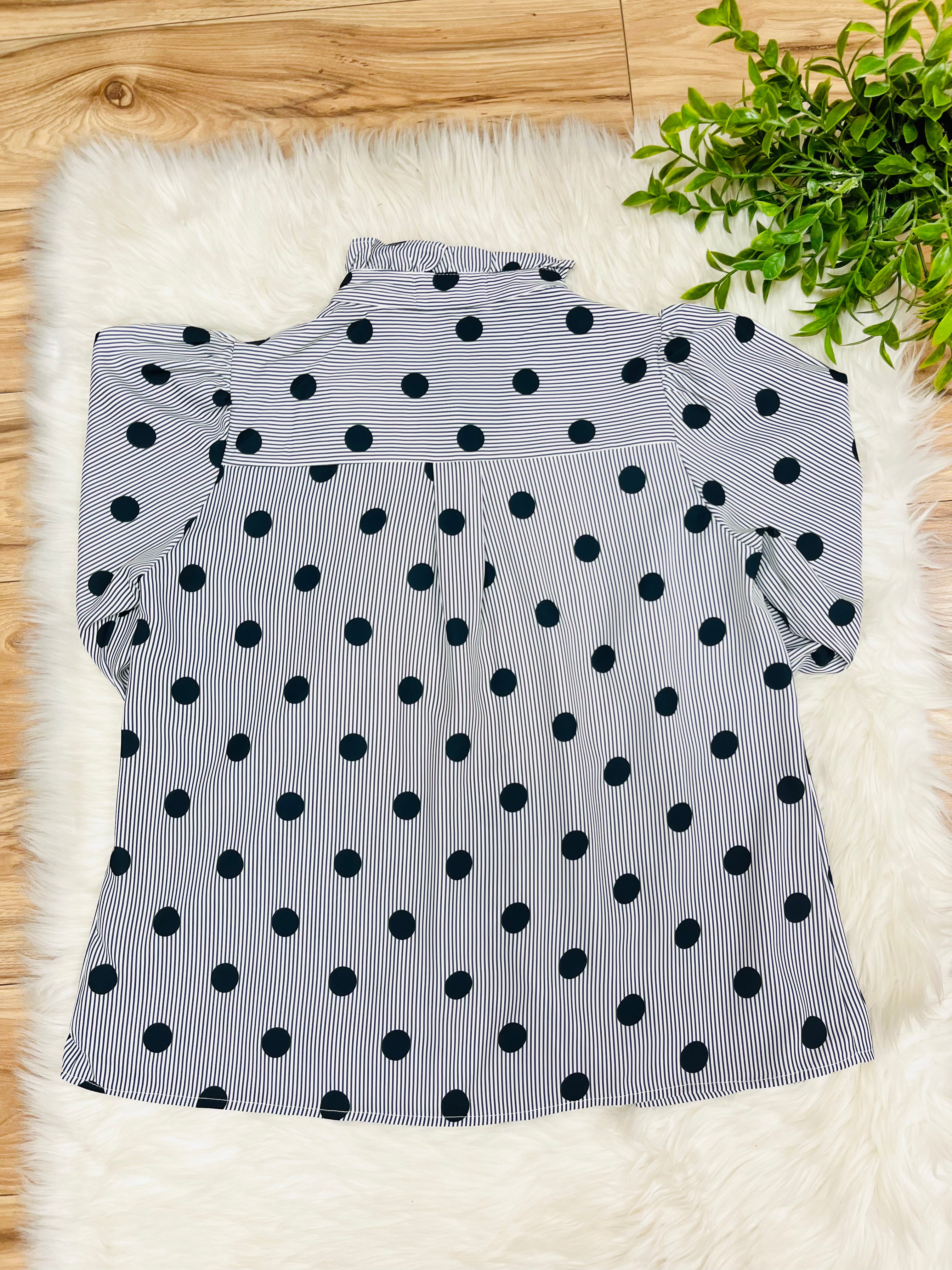 Women’s Evermmee White Ruffle Button Down Top with Black Stripes and Polka Dots- True to Size