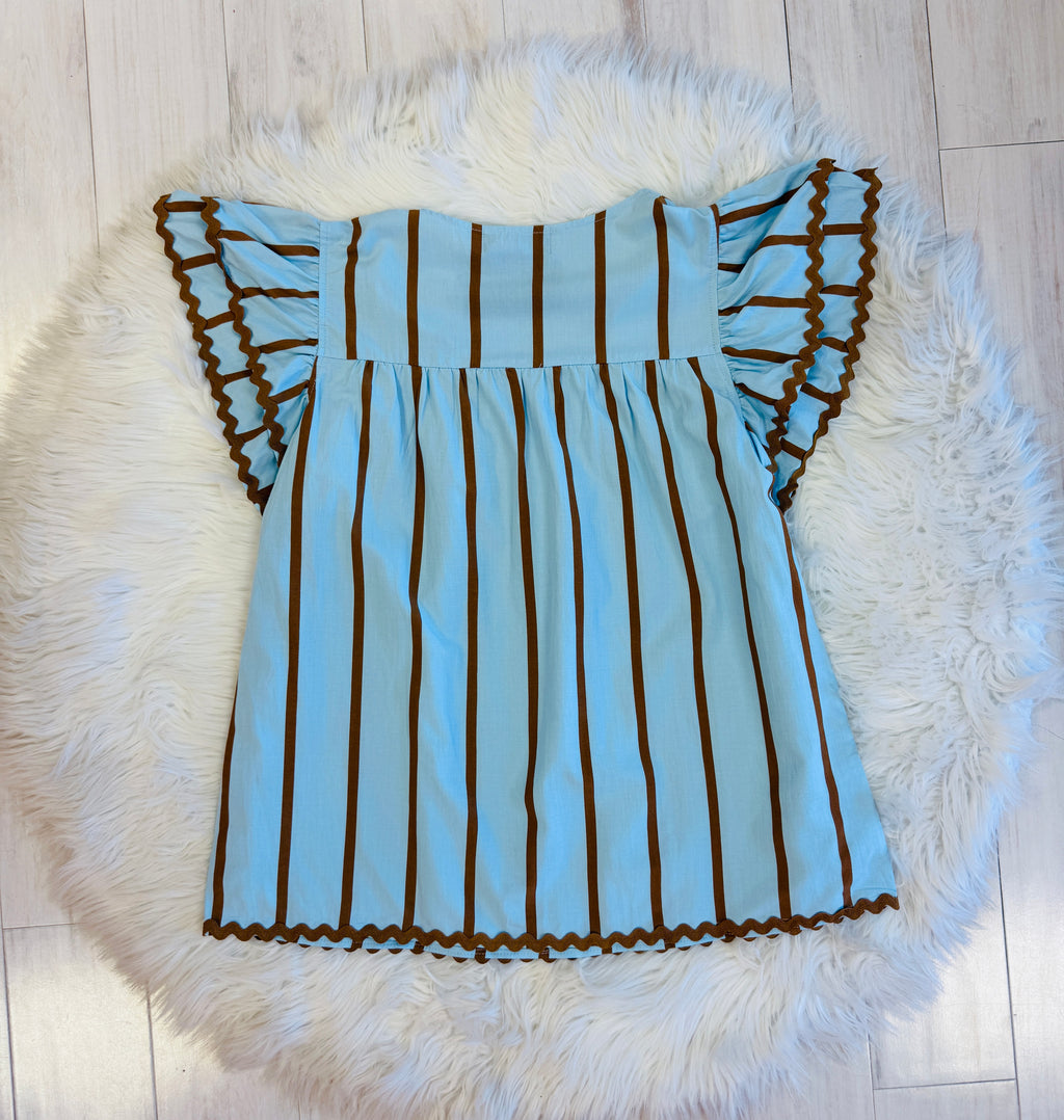 Blue Stripe Evermmee Ruffle Sleeve Top With RicRac Trim