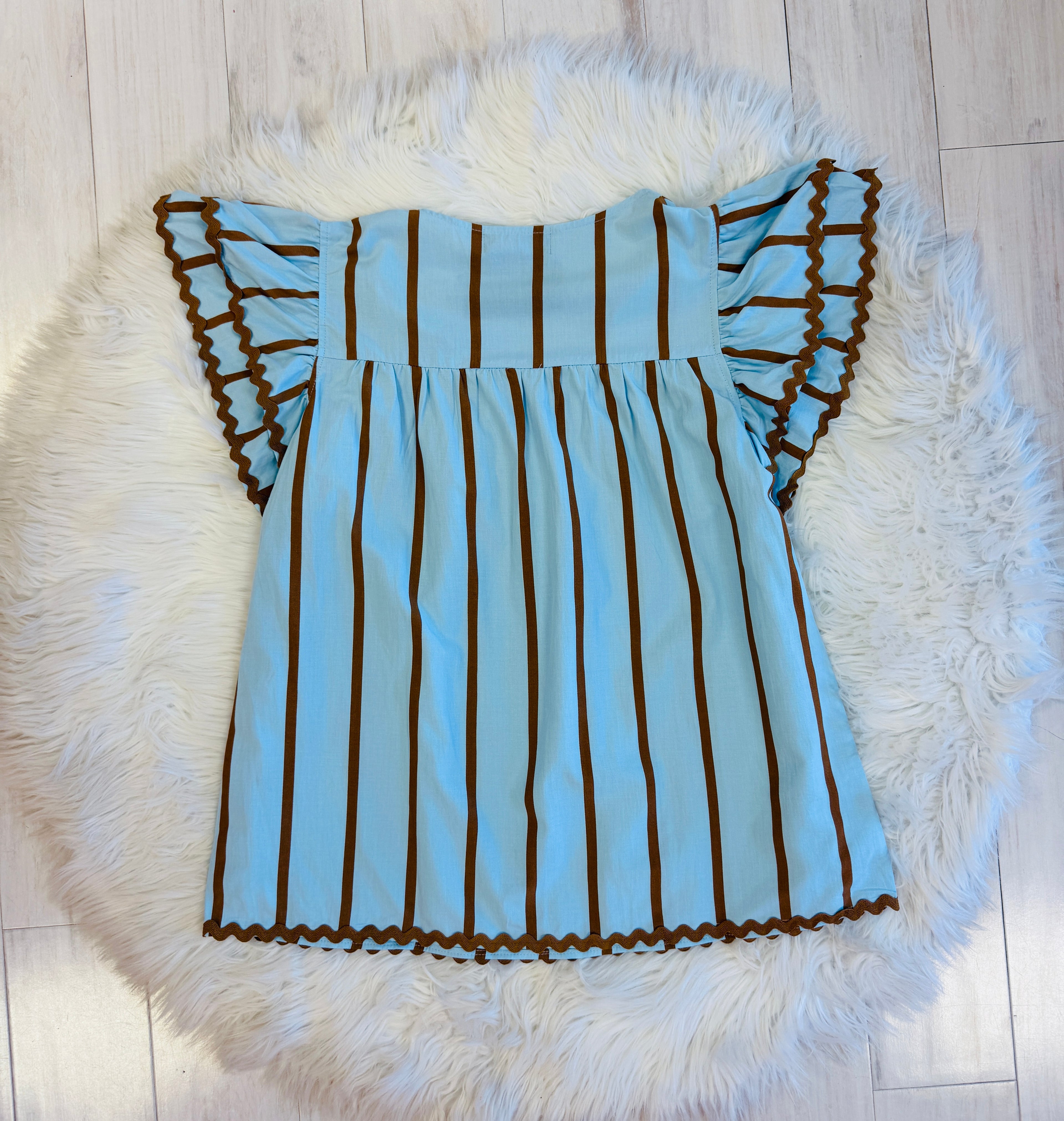 Blue Stripe Evermmee Ruffle Sleeve Top With RicRac Trim