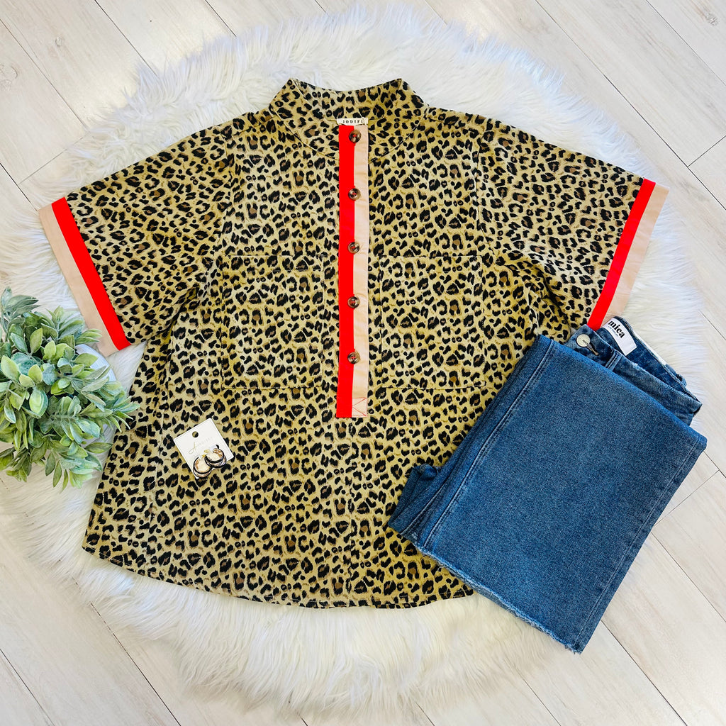 Women’s Jodifl Cheetah Print Button Down Top with Red and Tan Trim