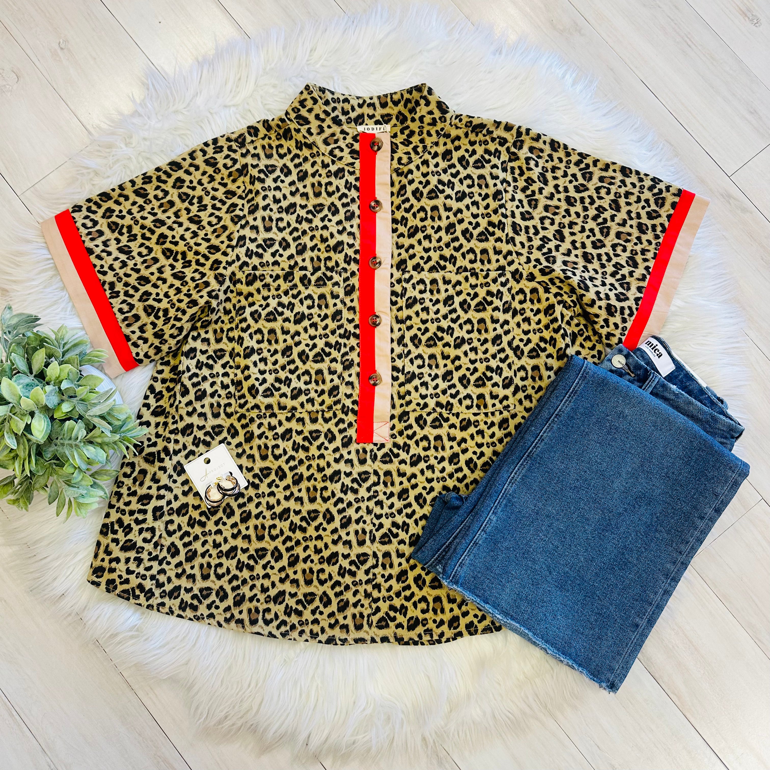 Women’s Jodifl Cheetah Print Button Down Top with Red and Tan Trim