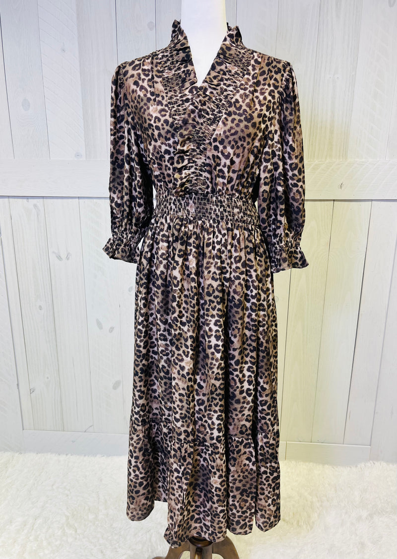 Umgee Cheetah Ruffle Neck Midi Dress