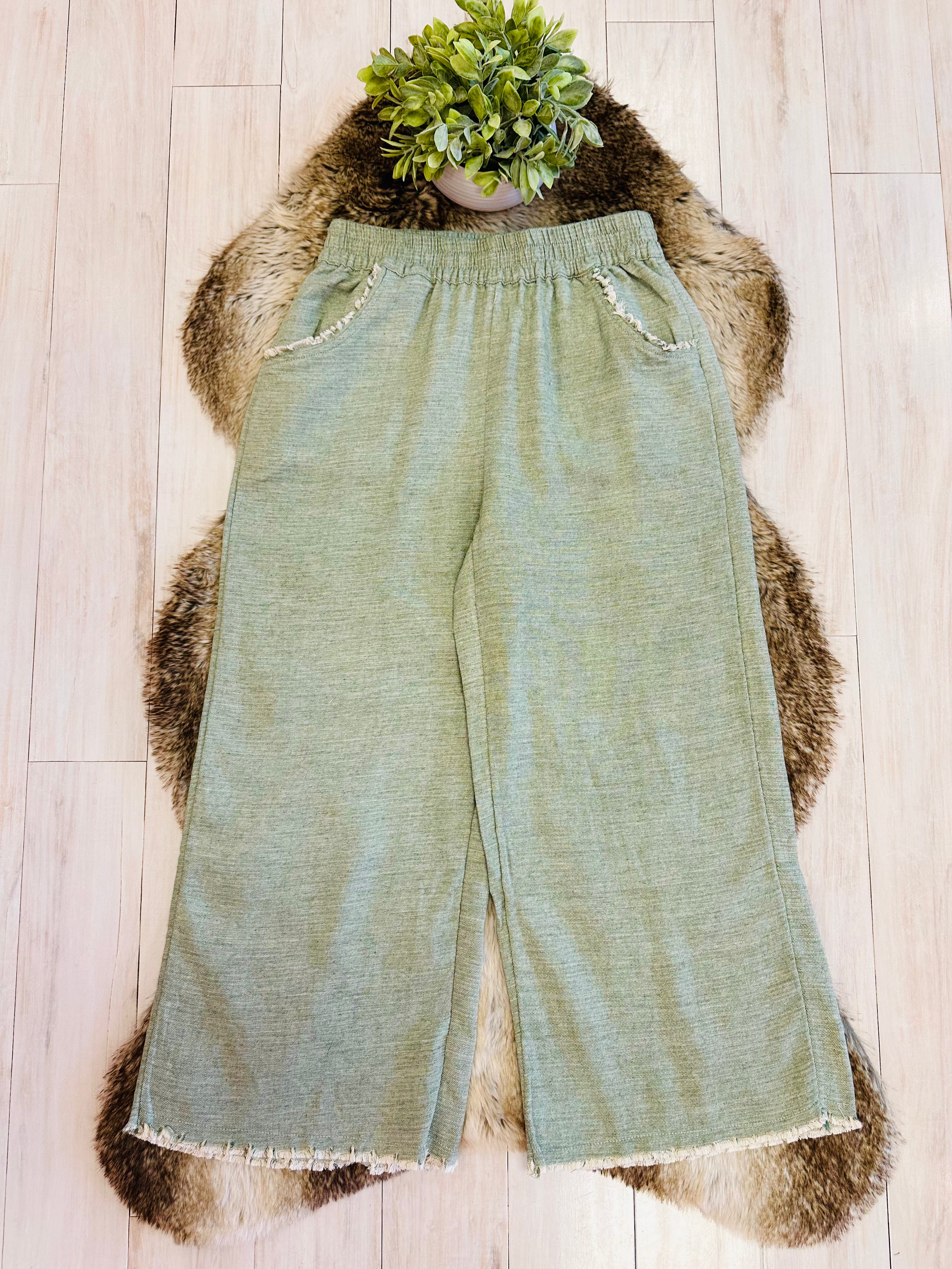 Women’s Umgee Sage Wide Leg Pants with Frayed Hem- Loose Fit