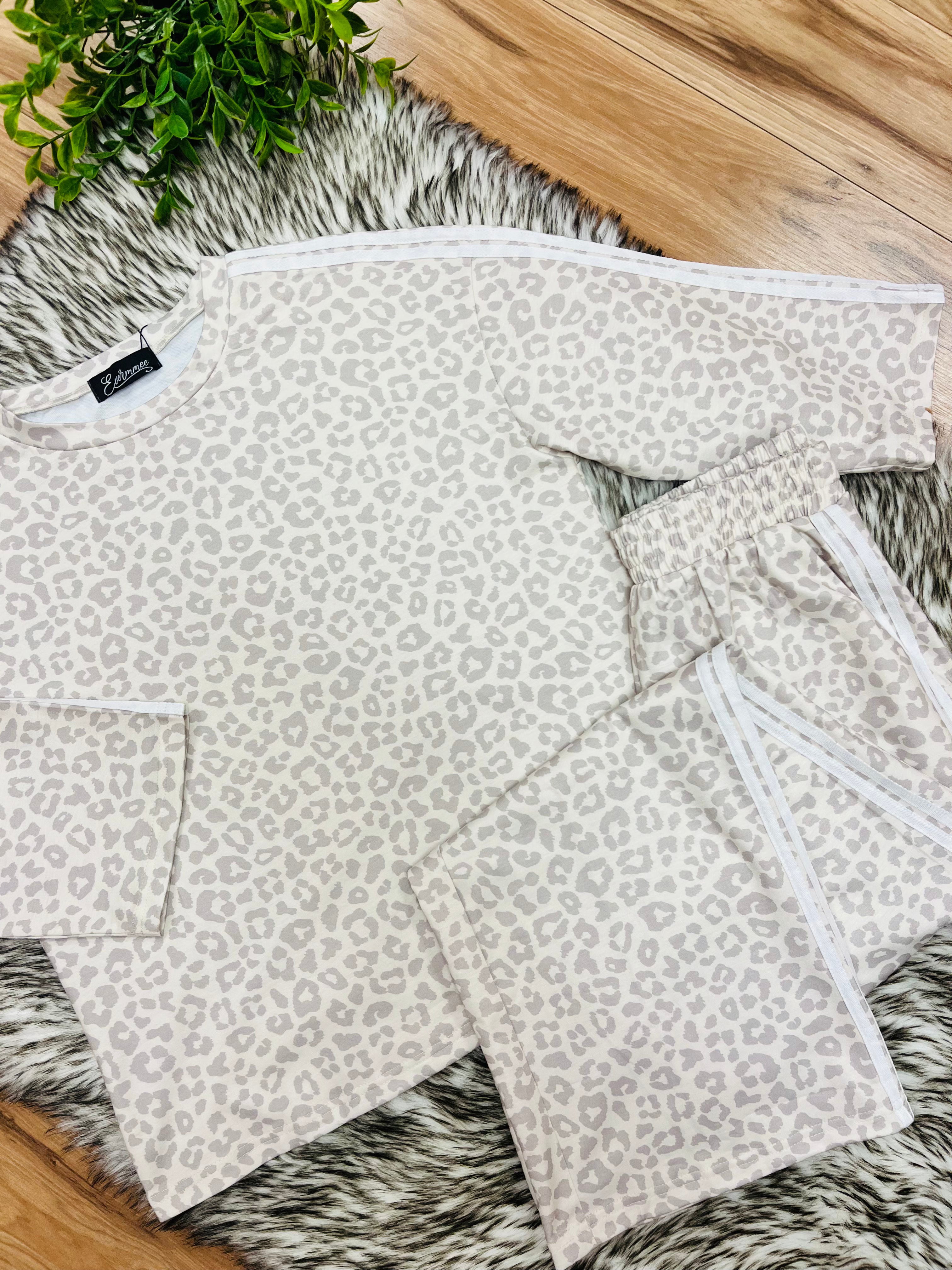 Women’s Taupe & Grey Leopard Pant Set with Stripe Detail- True to Size