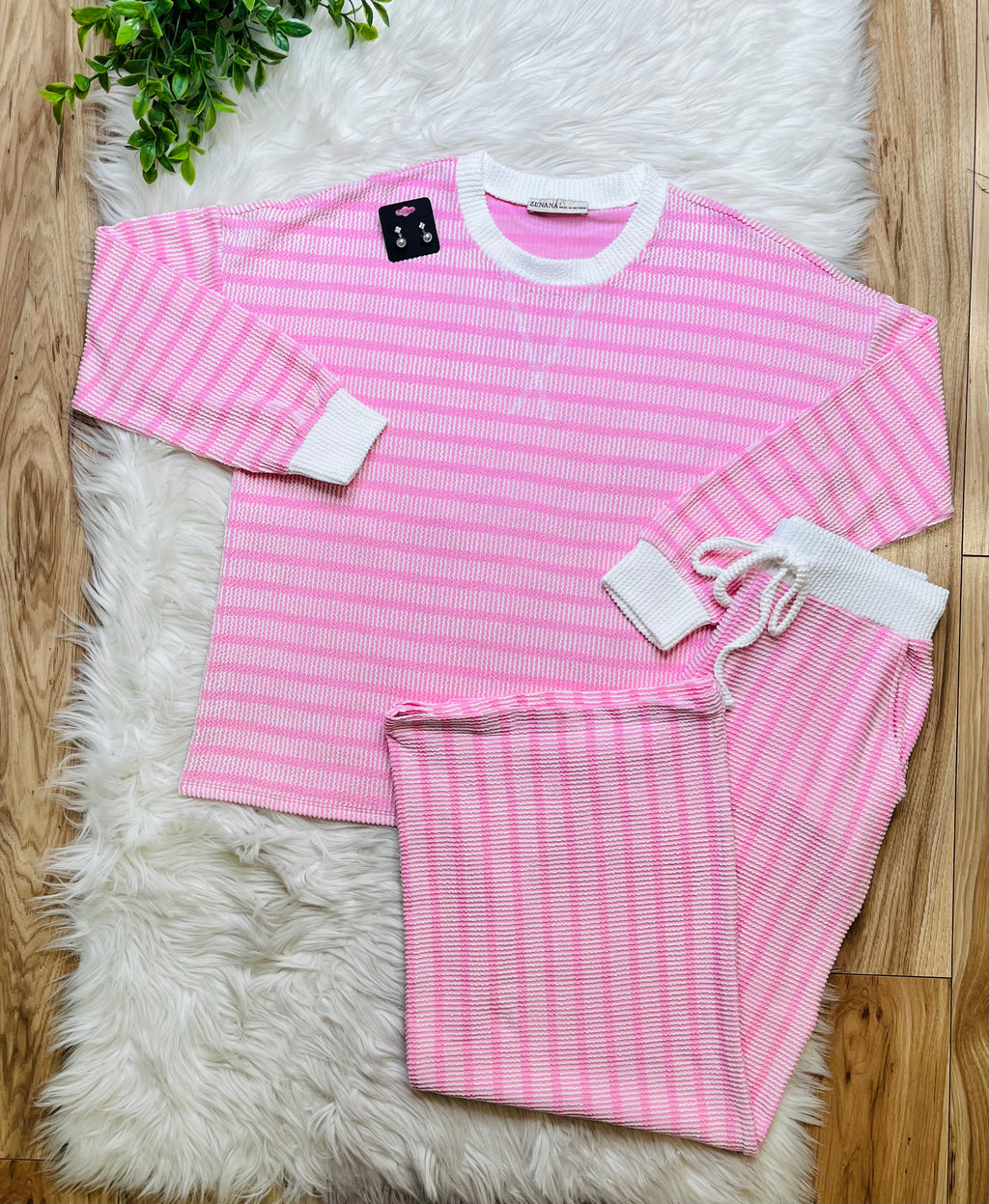 Women’s Zenana Light Pink Striped Ribbed Set