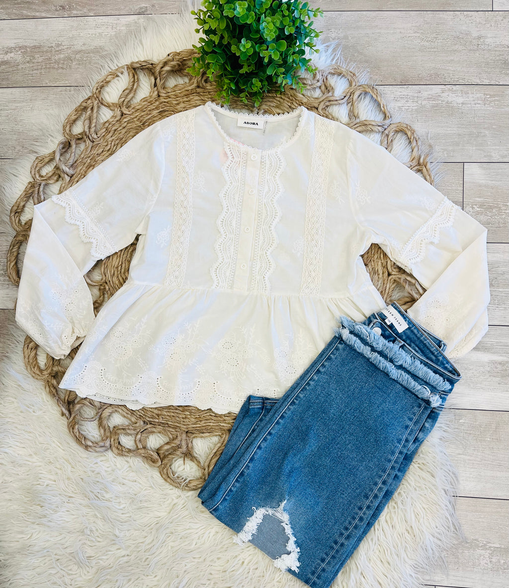 Women’s Cotton Embroidered Sleeve Blouse - True to Size