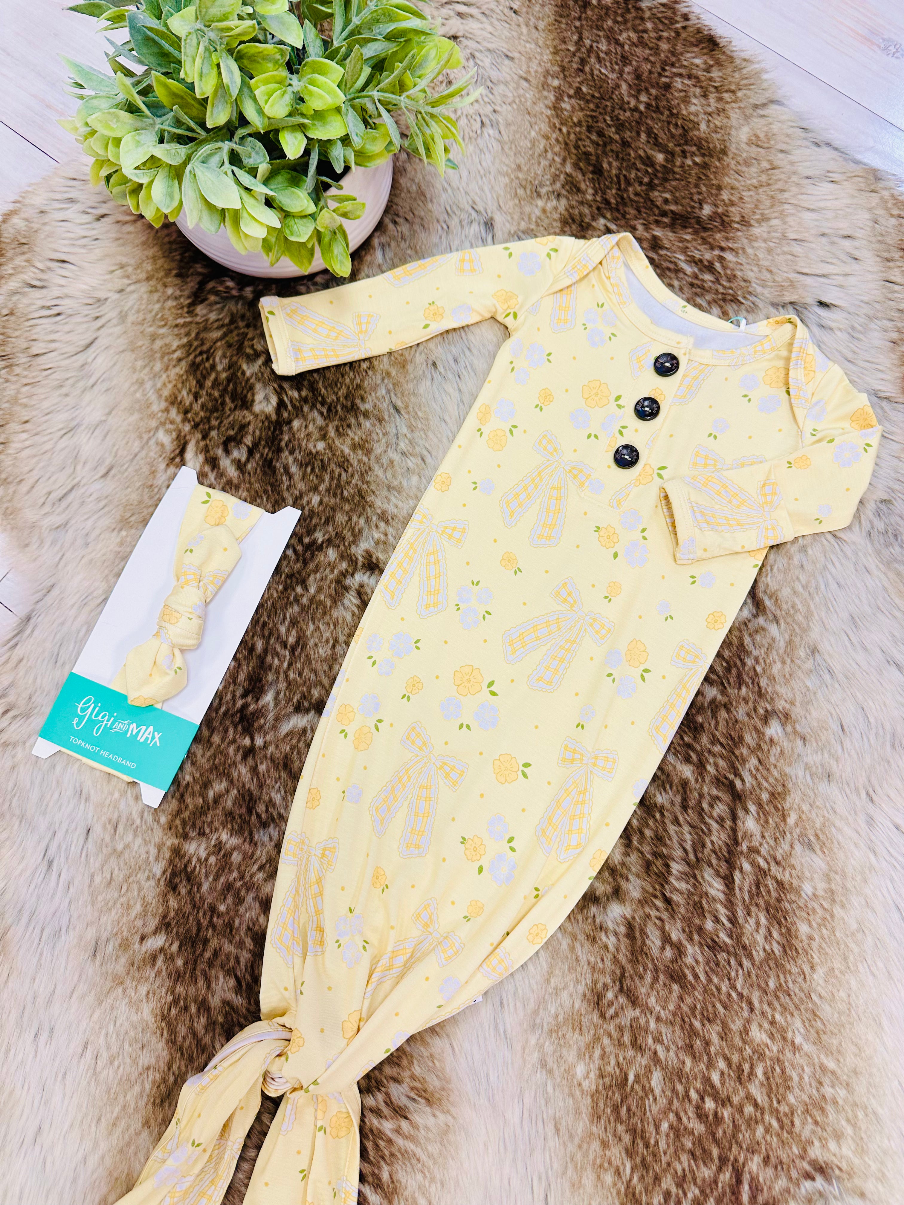 Girl’s Yellow Floral Print Knotted Gown with Matching Headband
