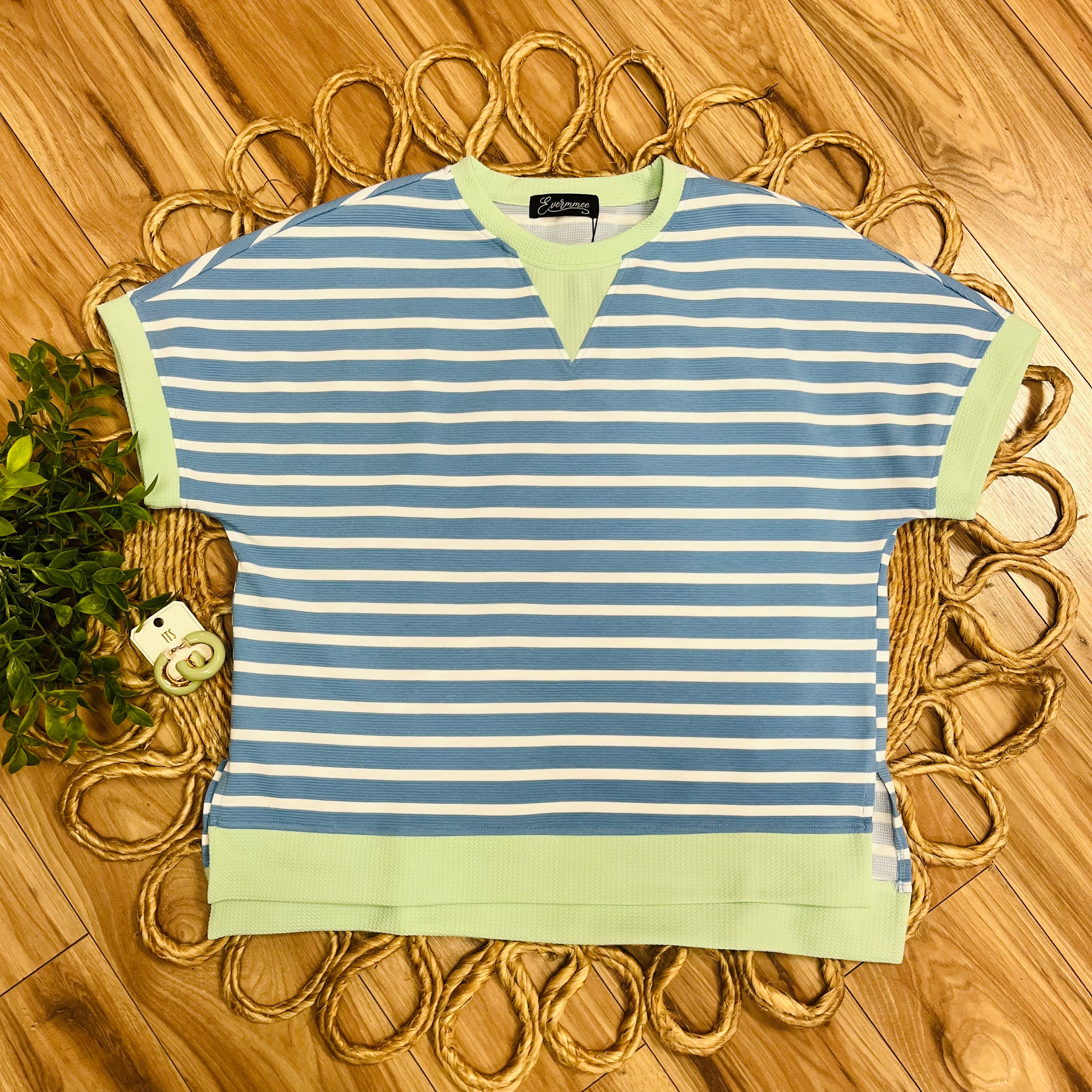 Women’s Evermmee Blue Top with White Stripes and Light Green Trim