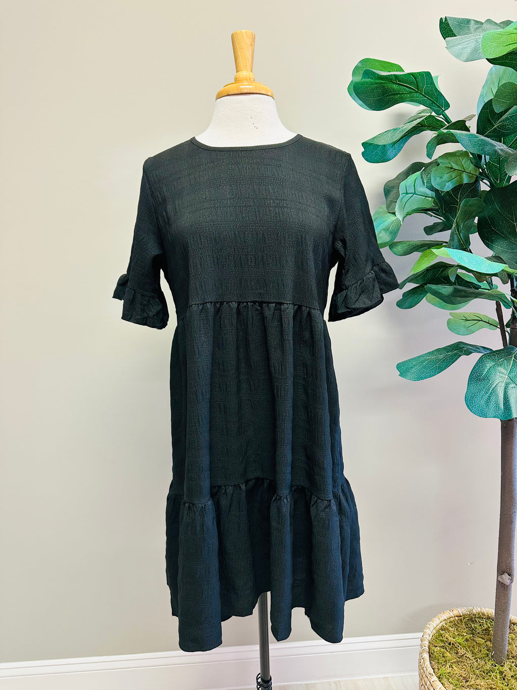 Women’s Black Tiered Dress with Ruffle Sleeves- True to Size