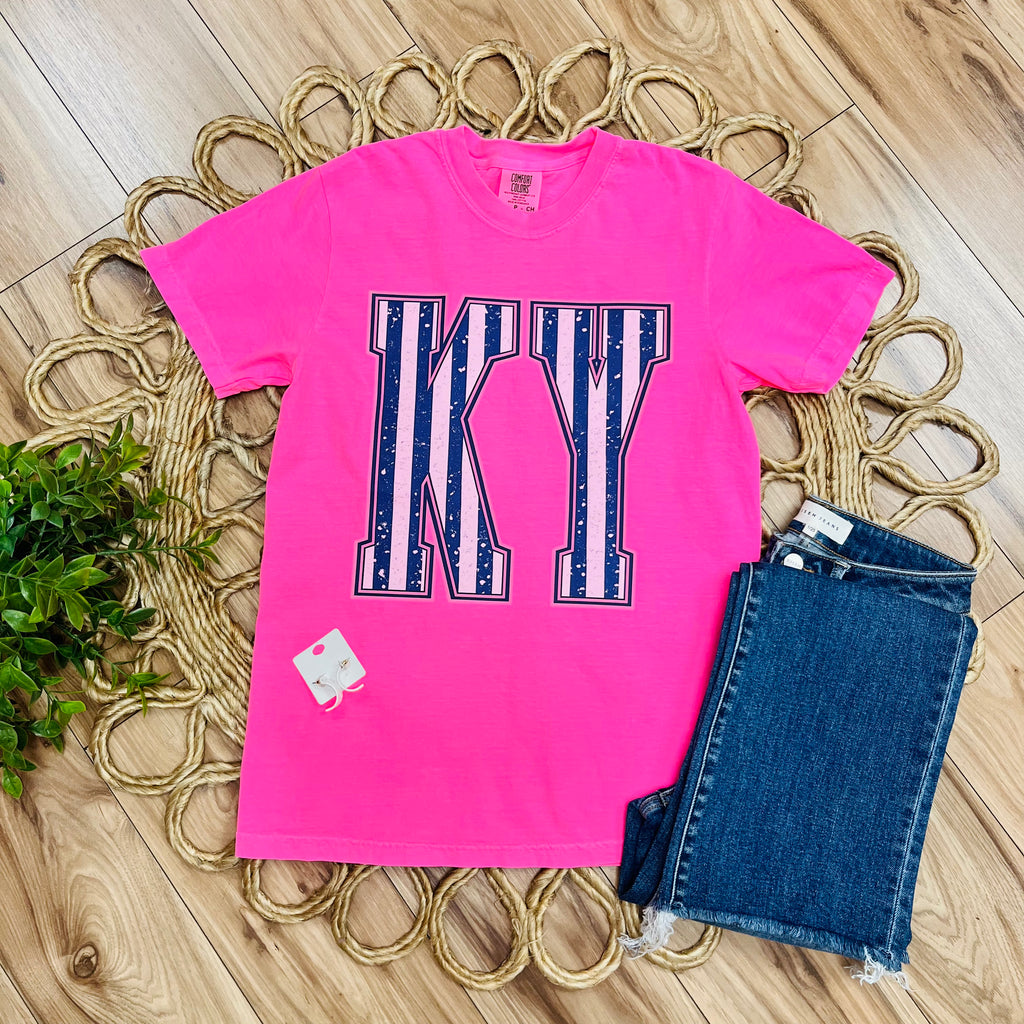 Women’s Hot Pink KY with Navy Stripes Graphic Tee