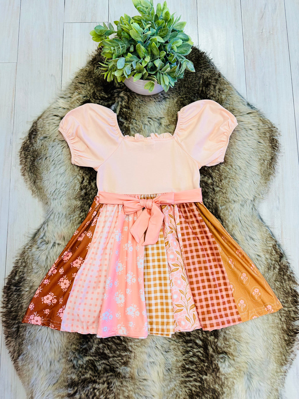 Girl’s Peachy Pink Fall Mixed Print Dress