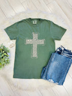 Women’s Comfort Colors Green Tee with Cheetah Print Cross