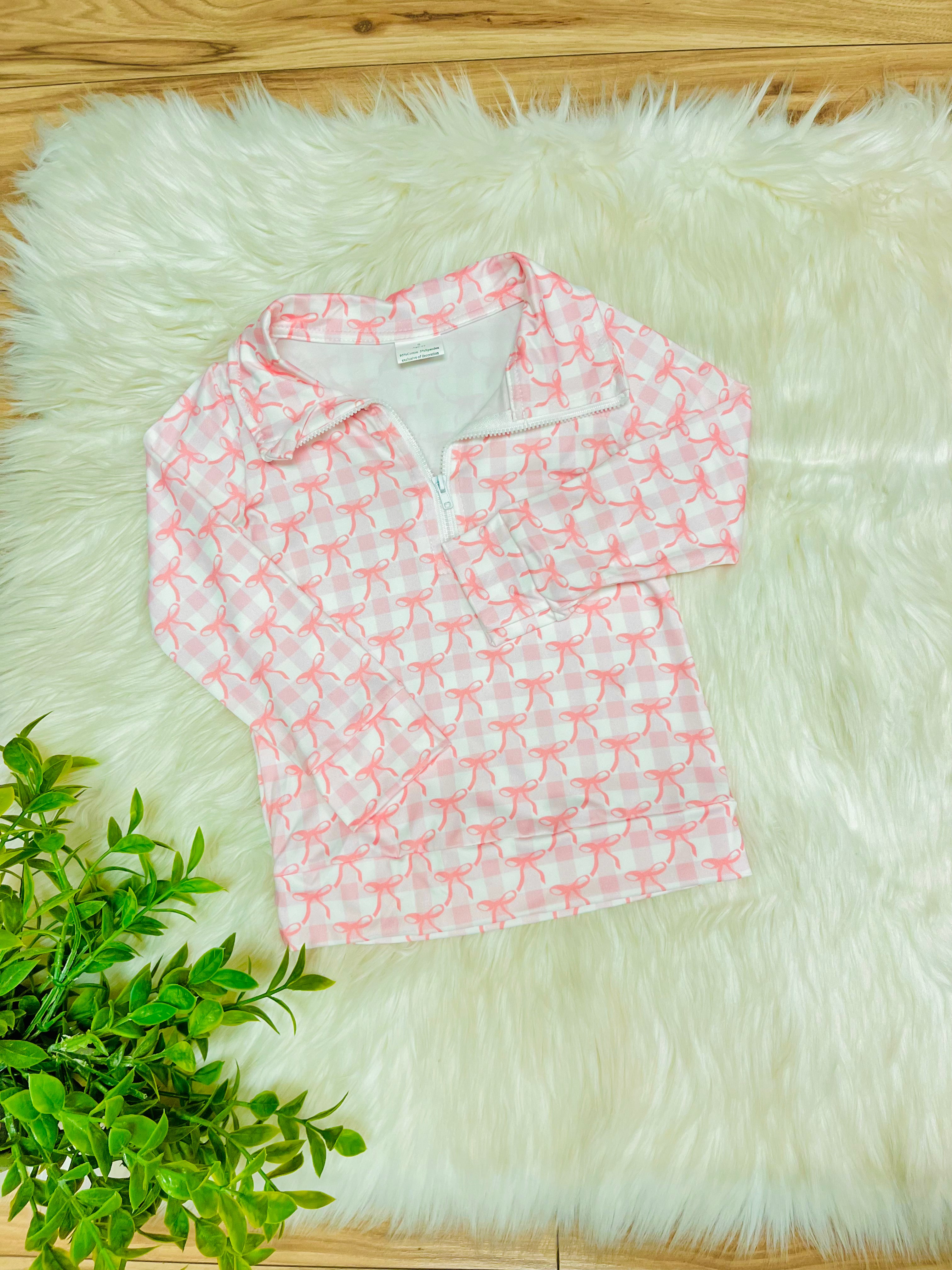 Girl’s Quarter Zip Pink Gingham Bow Print Skort Outfit