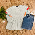 Women’s Evermmee White Babydoll Style Top with Green Stripes and Floral Details