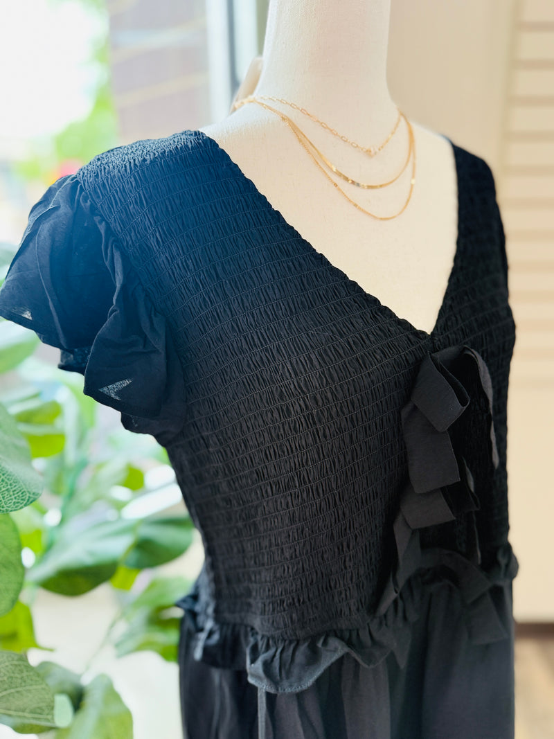 Black Bow Smocked Midi Dress