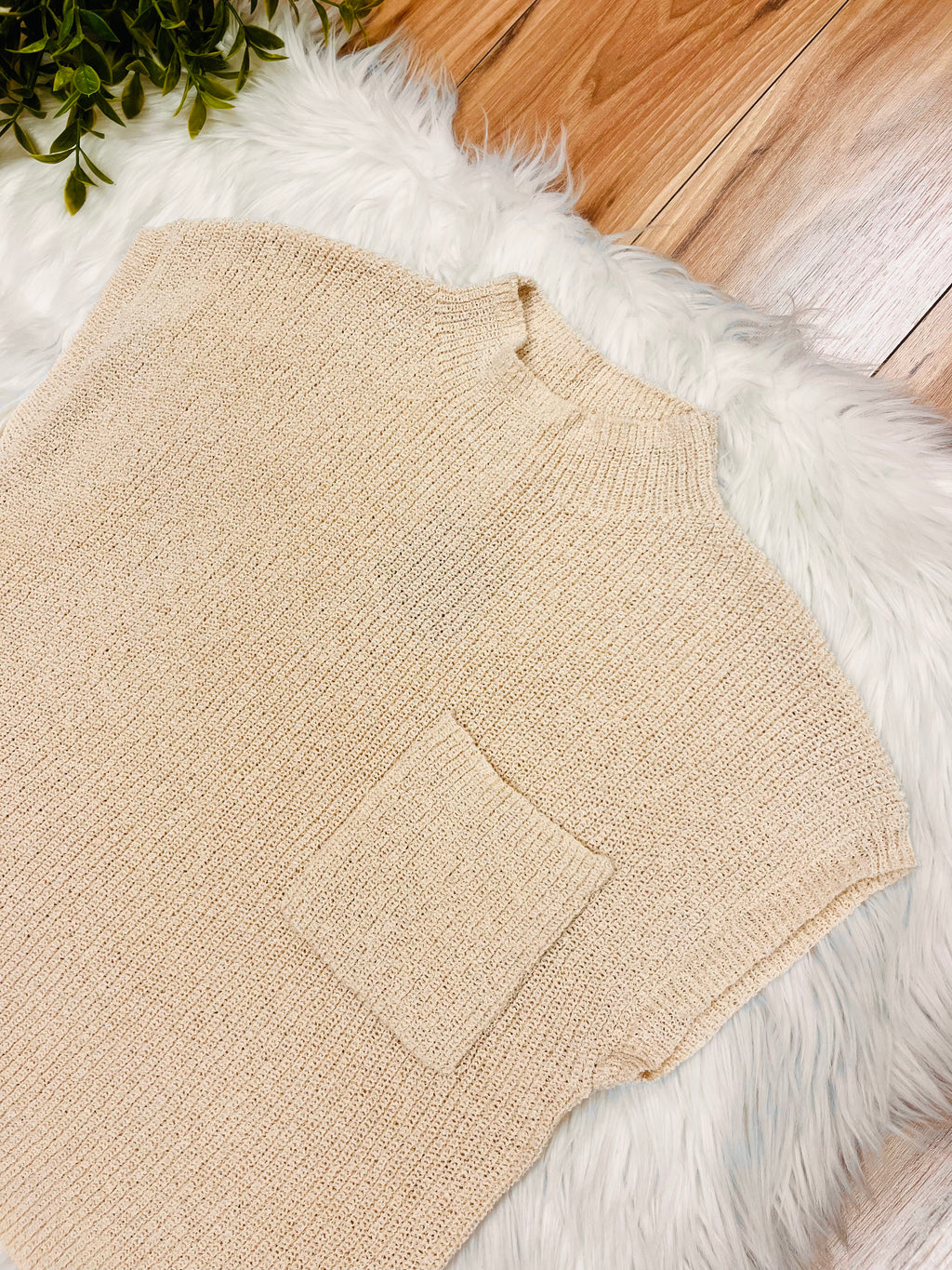 Women’s Oatmeal Pocket Detail Drop Shoulder Short Sleeve Sweater Top by Blu Pepper- True to Size