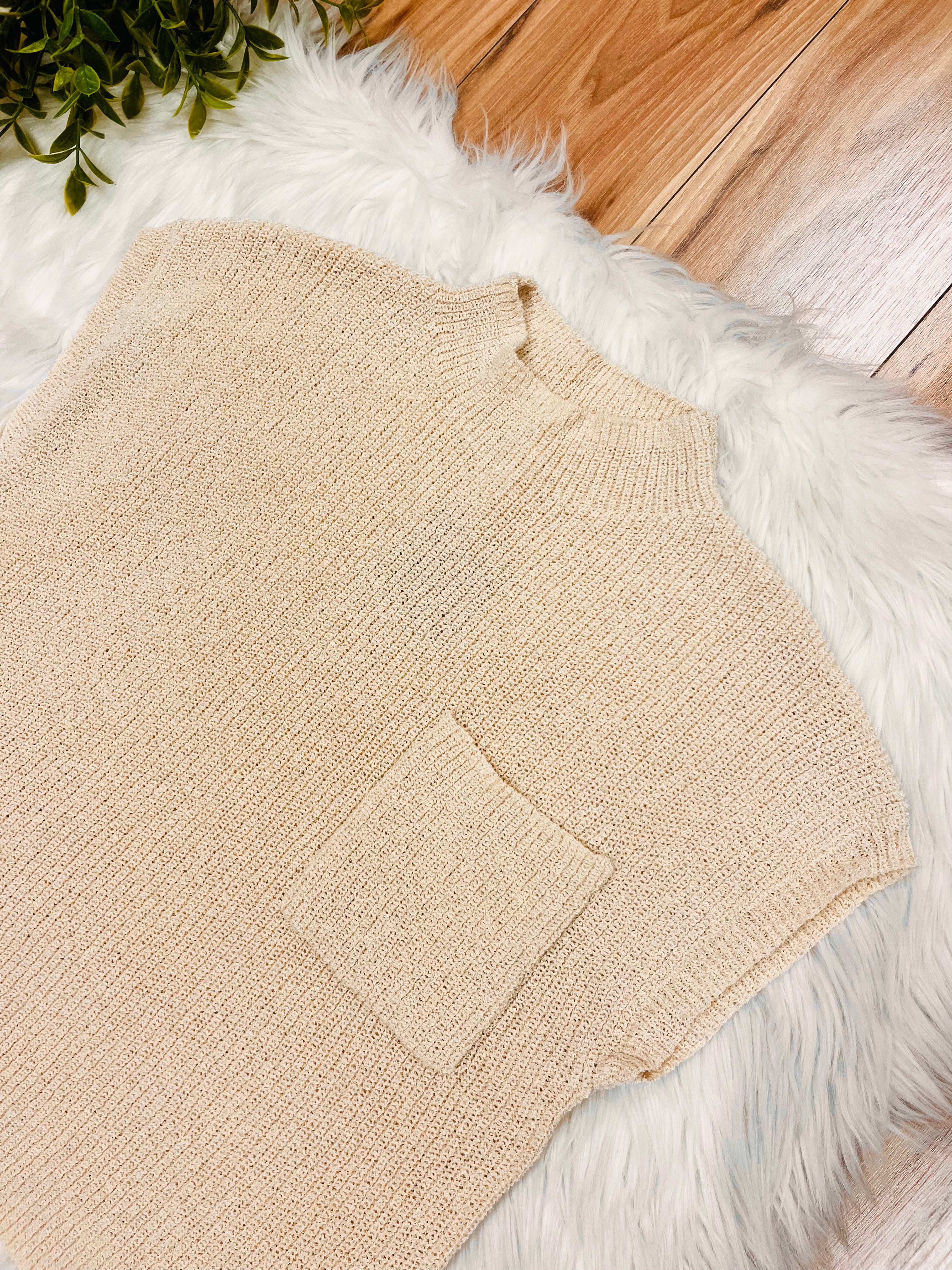 Women’s Oatmeal Pocket Detail Drop Shoulder Short Sleeve Sweater Top by Blu Pepper- True to Size